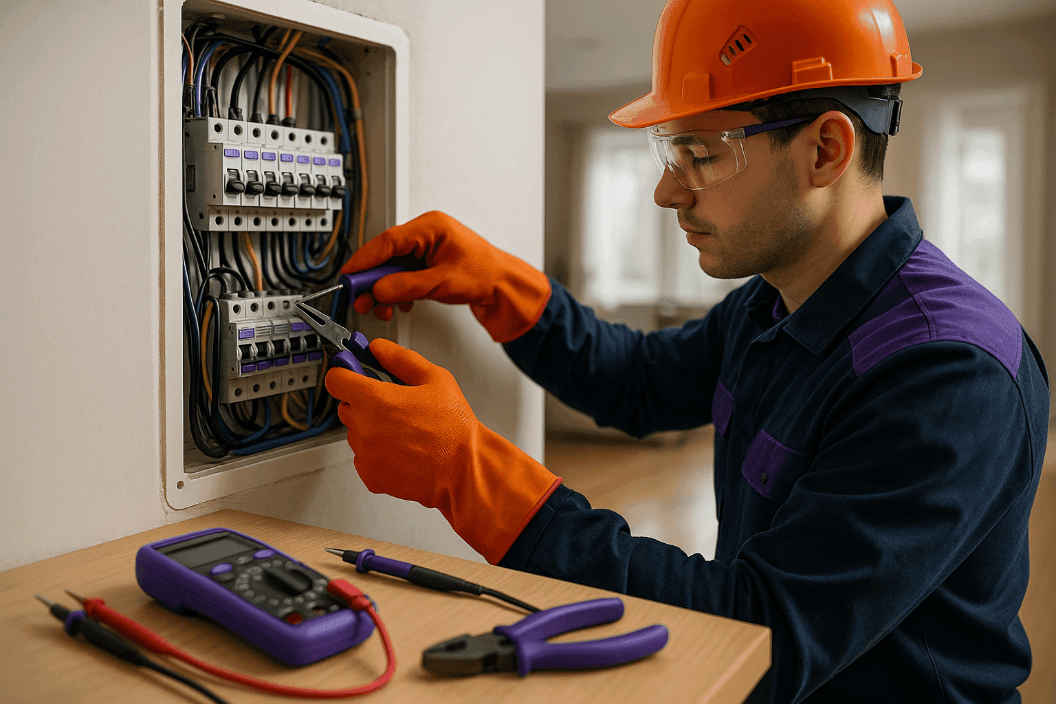 Professional residential electrician in PPE wiring a circuit breaker panel indoors