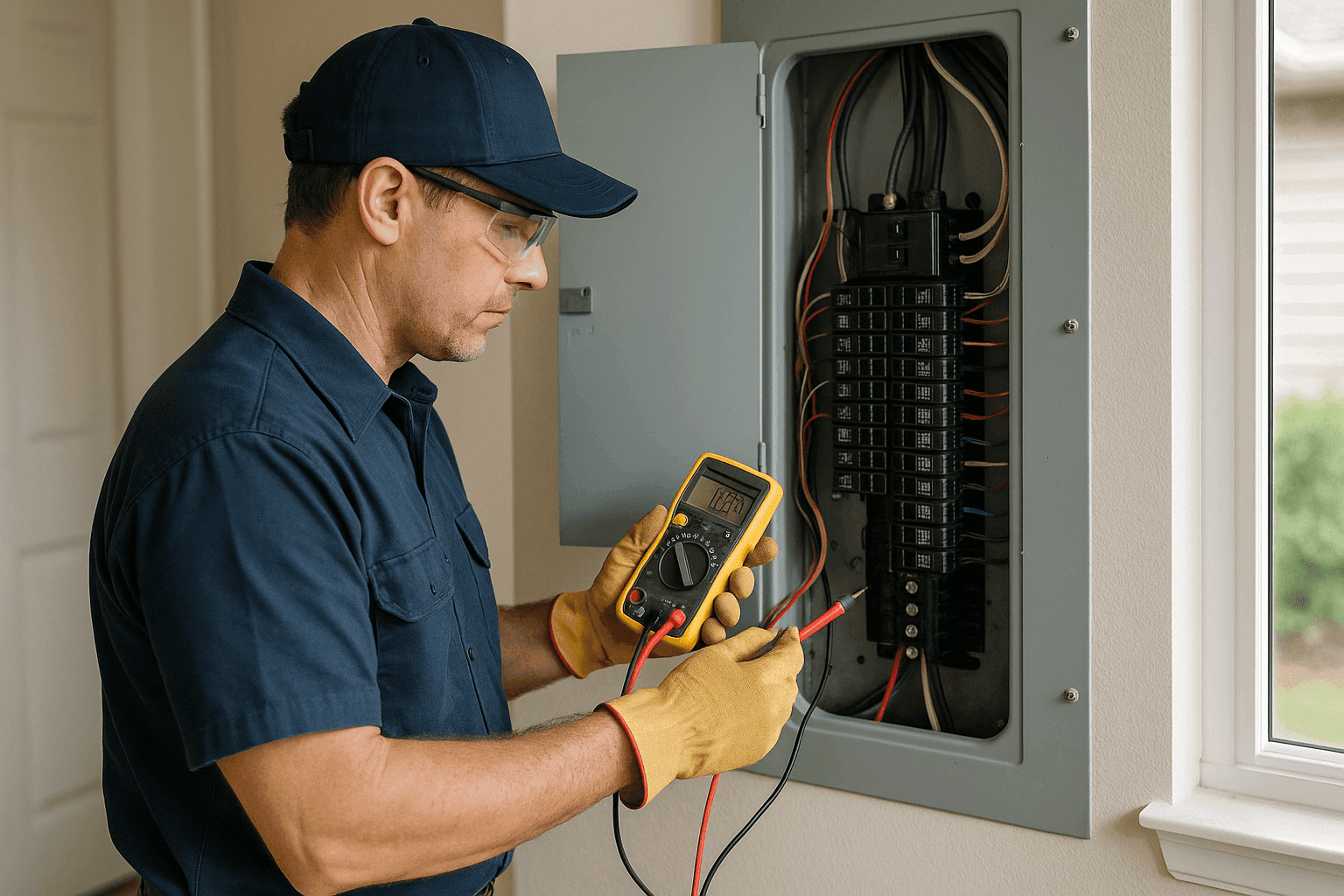 Electrician performing a home electrical safety inspection on a circuit breaker panel