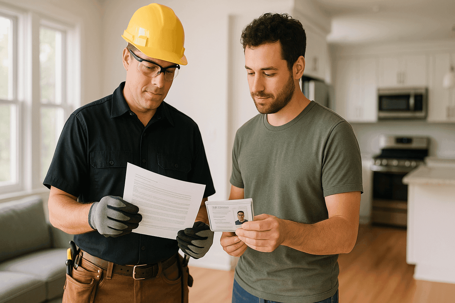 Homeowner reviewing credentials with an electrician in a residential setting