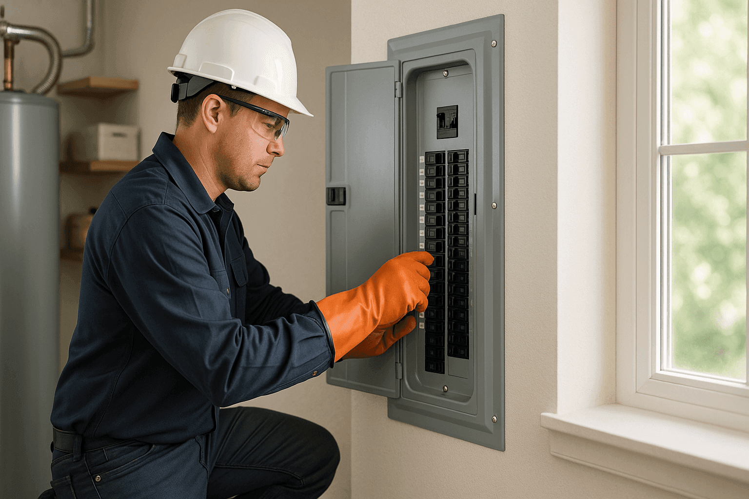 Electrician replacing a home electrical breaker panel with updated equipment