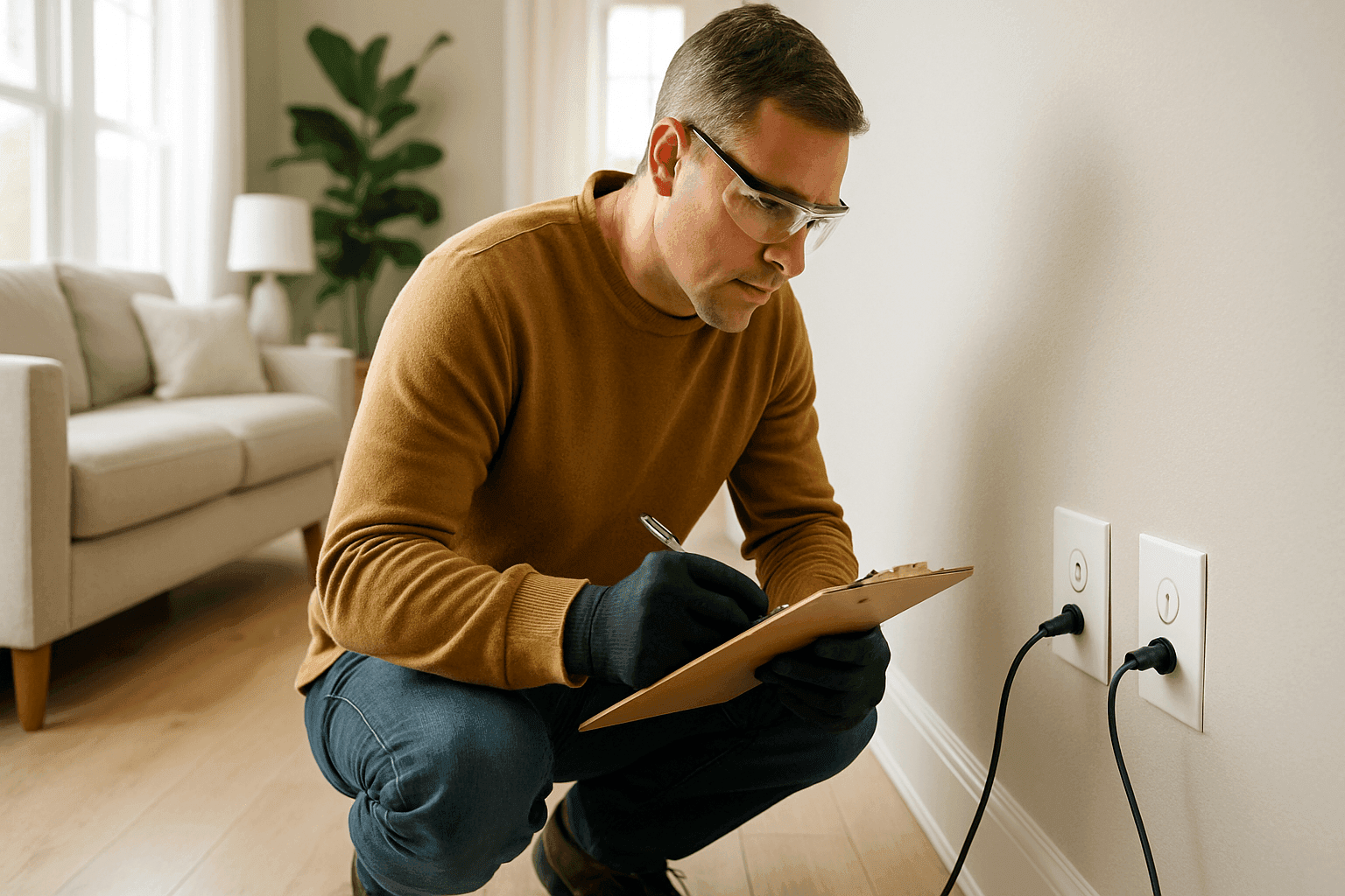 Homeowner using a checklist to inspect electrical outlets and cords in living room